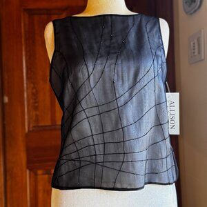 Allison Taylor vint gray silk sleeveless top/abstract beaded overlay, SZ 12, NWT